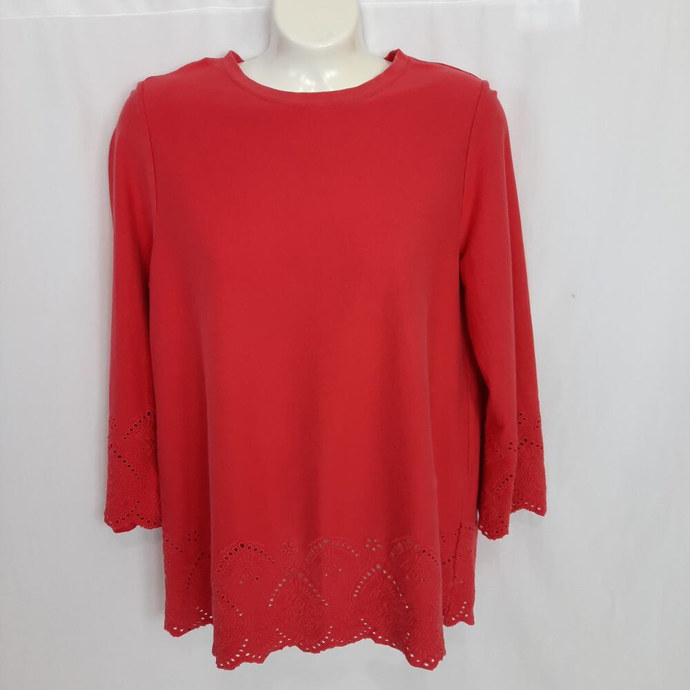 J Jill Swing Top Red Laser Cut 3/4 Sleeve Wide Lace Eyelet Border